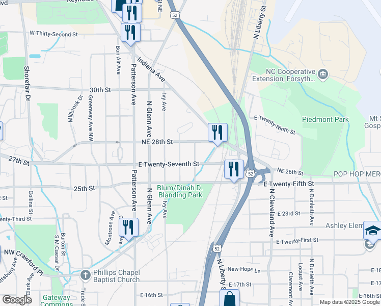 map of restaurants, bars, coffee shops, grocery stores, and more near 704 Northeast 28th Street in Winston-Salem