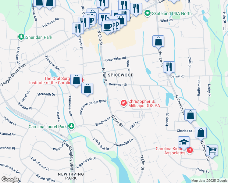 map of restaurants, bars, coffee shops, grocery stores, and more near 3200 North Elm Street in Greensboro