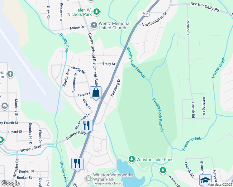 map of restaurants, bars, coffee shops, grocery stores, and more near 3727 Spaulding Drive in Winston-Salem