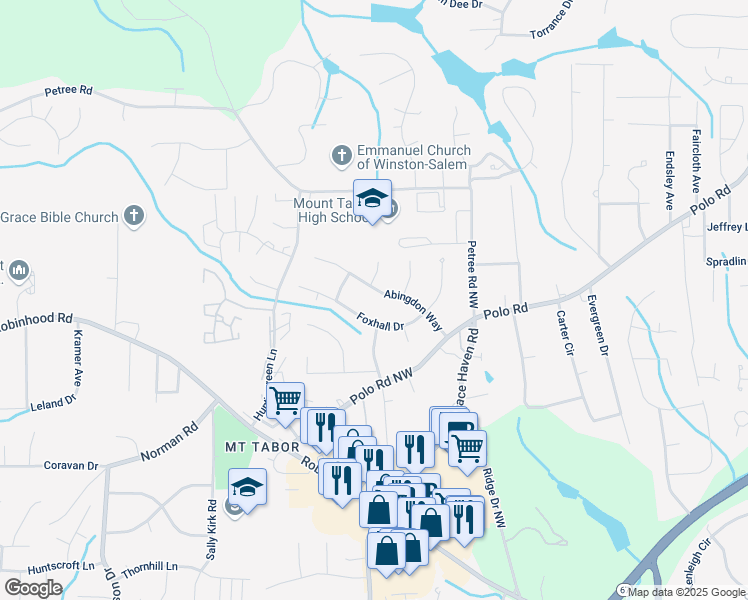 map of restaurants, bars, coffee shops, grocery stores, and more near 1281 Abingdon Way in Winston-Salem