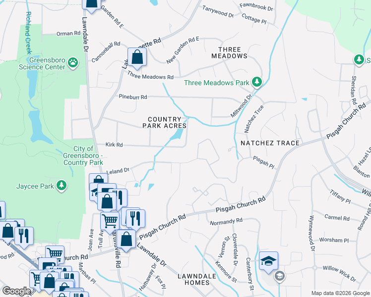 map of restaurants, bars, coffee shops, grocery stores, and more near 311 Kirk Road in Greensboro