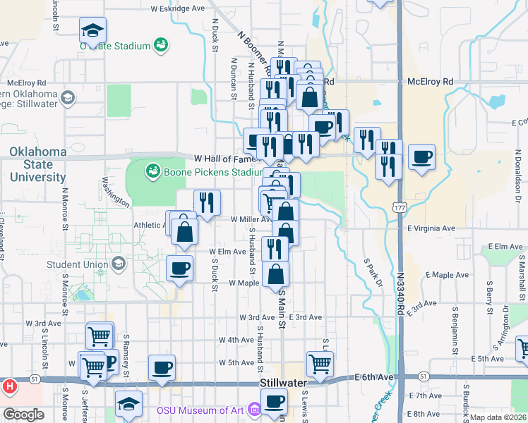 map of restaurants, bars, coffee shops, grocery stores, and more near 210 North Hoke Street in Stillwater