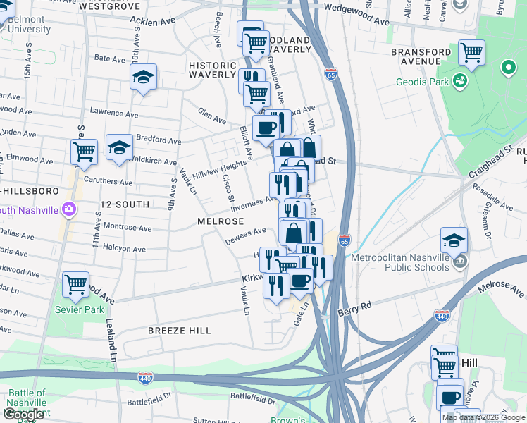 map of restaurants, bars, coffee shops, grocery stores, and more near 801 Inverness Avenue in Nashville