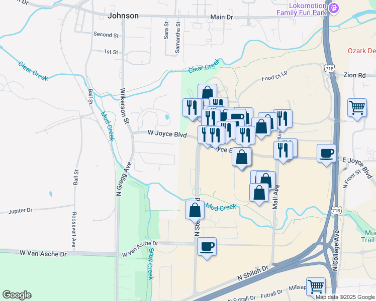 map of restaurants, bars, coffee shops, grocery stores, and more near 3993 North Steele Boulevard in Fayetteville