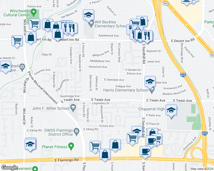 map of restaurants, bars, coffee shops, grocery stores, and more near 3633 Monte Verde Street in Las Vegas