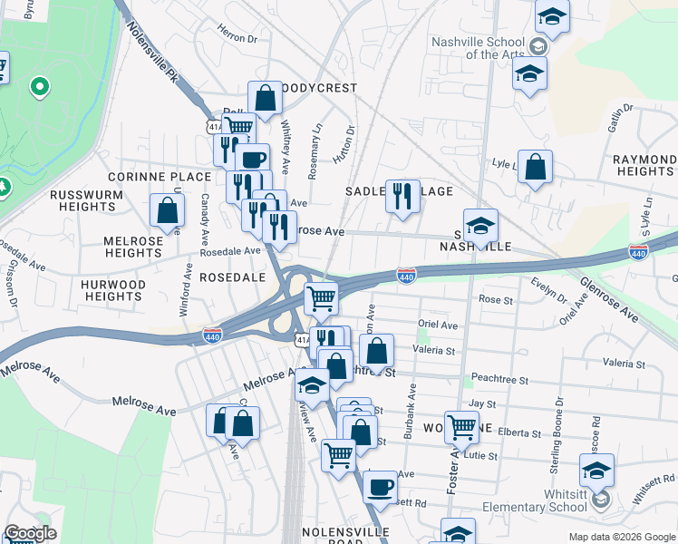 map of restaurants, bars, coffee shops, grocery stores, and more near 357 Hester Avenue in Nashville