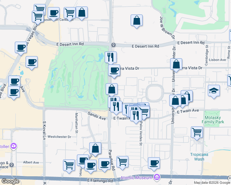 map of restaurants, bars, coffee shops, grocery stores, and more near 3600 Paradise Road in Las Vegas