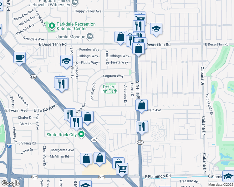 map of restaurants, bars, coffee shops, grocery stores, and more near 3627 Becerro Drive in Las Vegas
