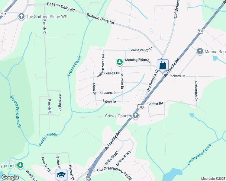 map of restaurants, bars, coffee shops, grocery stores, and more near 3837 Crusade Drive in Winston-Salem