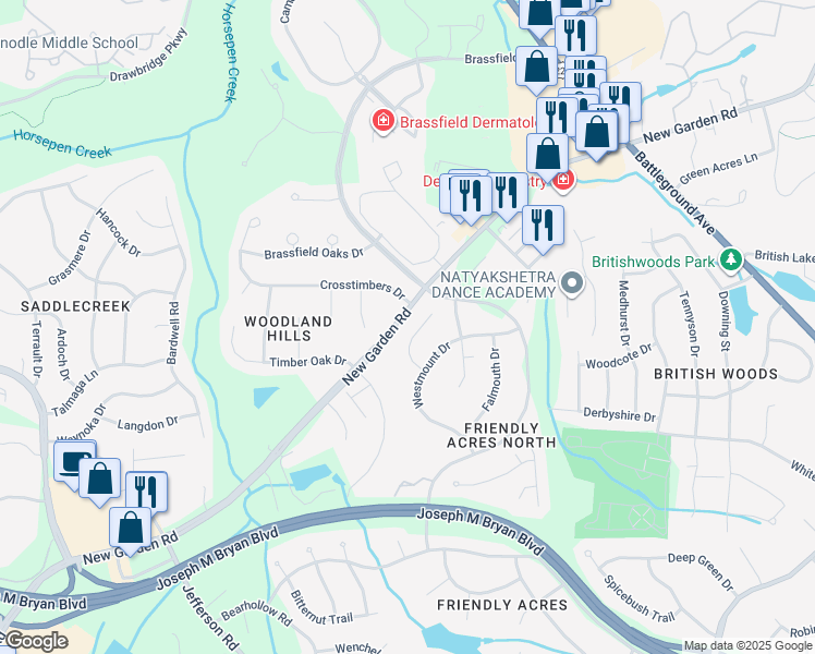 map of restaurants, bars, coffee shops, grocery stores, and more near 1917 New Garden Road in Greensboro