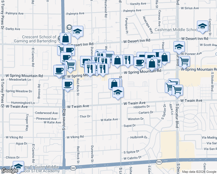 map of restaurants, bars, coffee shops, grocery stores, and more near 3589 South Calmosa Street in Las Vegas