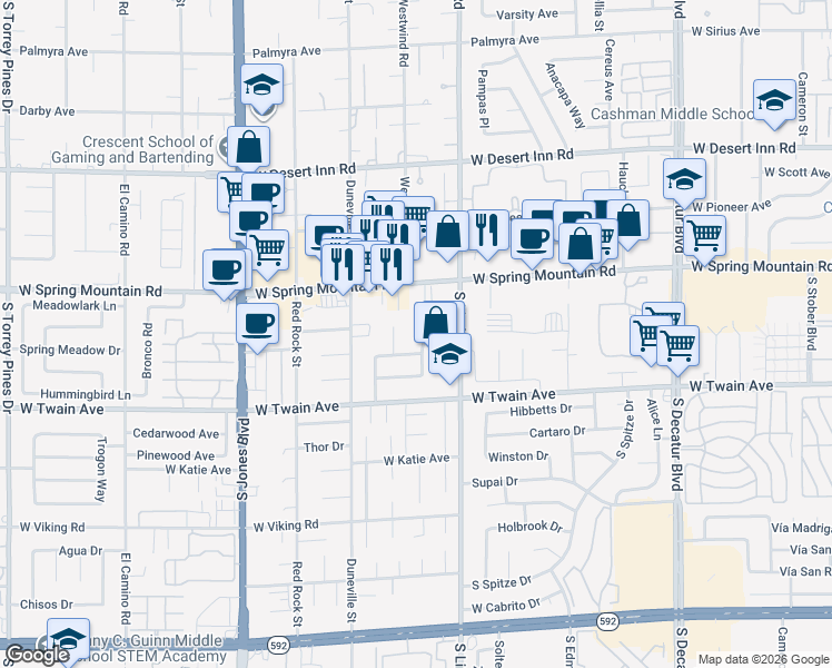 map of restaurants, bars, coffee shops, grocery stores, and more near 3589 South Calmosa Street in Las Vegas