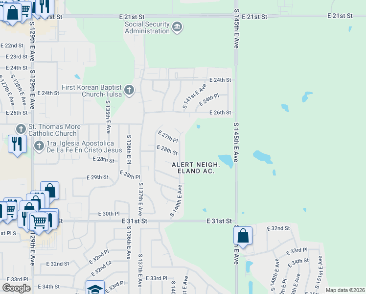 map of restaurants, bars, coffee shops, grocery stores, and more near 2715 South 140th East Avenue in Tulsa