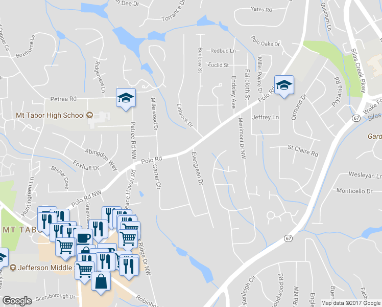 map of restaurants, bars, coffee shops, grocery stores, and more near 2700 Polo Road in Winston-Salem