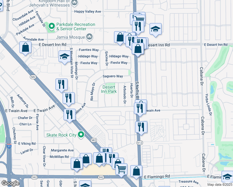 map of restaurants, bars, coffee shops, grocery stores, and more near 3627 Becerro Drive in Las Vegas