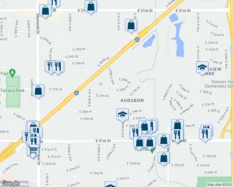 map of restaurants, bars, coffee shops, grocery stores, and more near 2665 South 90th East Avenue in Tulsa