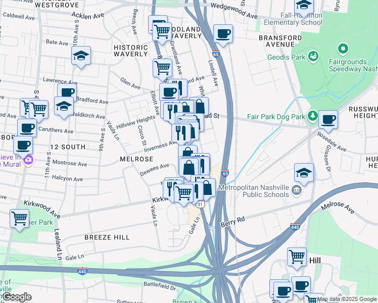 map of restaurants, bars, coffee shops, grocery stores, and more near in Berry Hill
