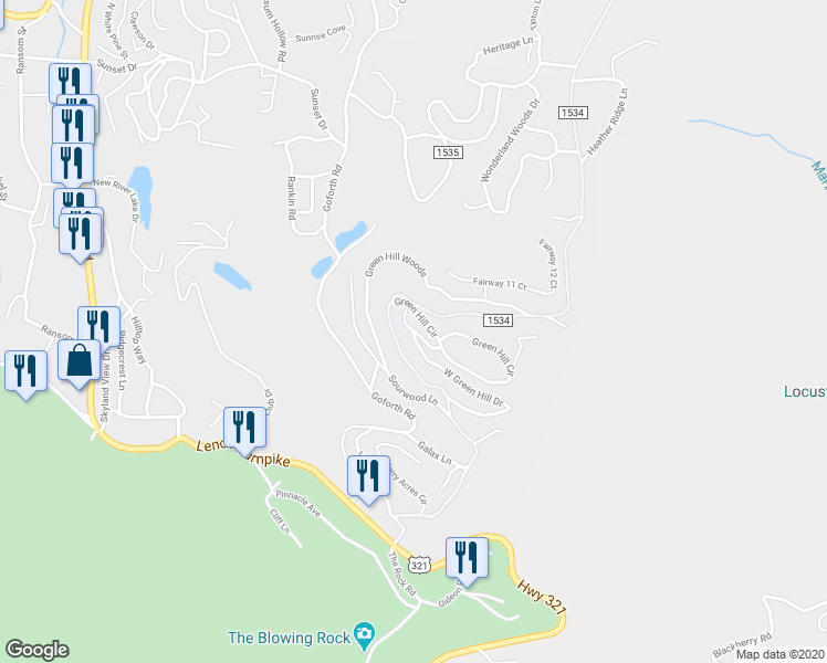 map of restaurants, bars, coffee shops, grocery stores, and more near 100 Grandfather View Road in Blowing Rock