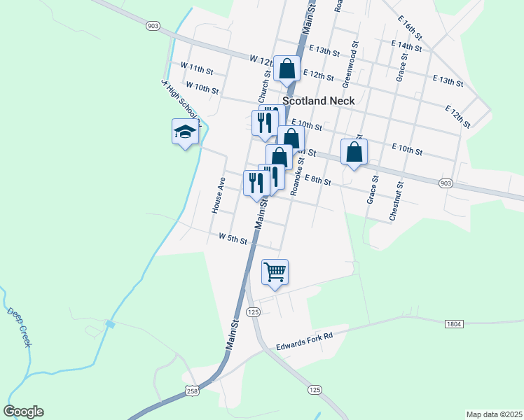 map of restaurants, bars, coffee shops, grocery stores, and more near NC-125 & US-258 in Scotland Neck