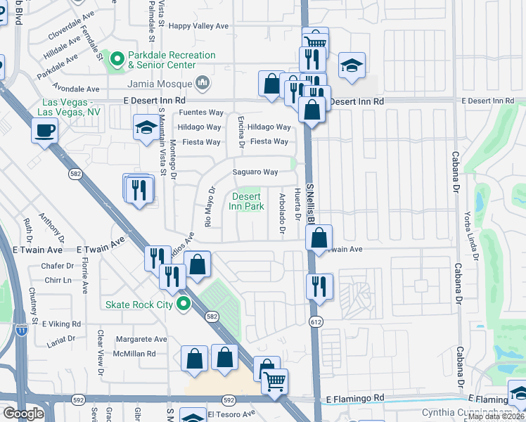 map of restaurants, bars, coffee shops, grocery stores, and more near 3611 Becerro Drive in Las Vegas