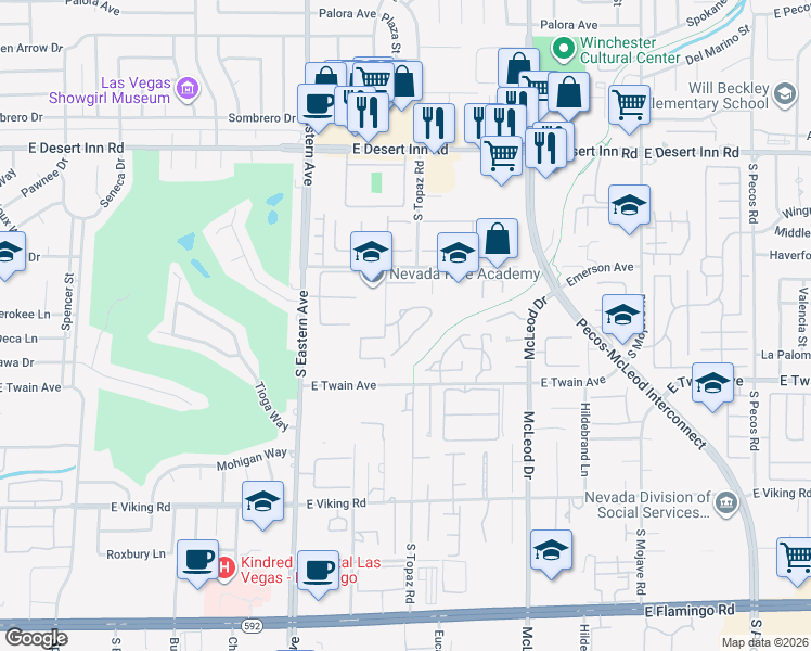 map of restaurants, bars, coffee shops, grocery stores, and more near 2660 Regency Cove Court in Las Vegas