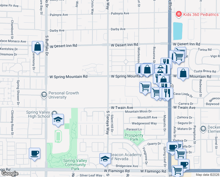 map of restaurants, bars, coffee shops, grocery stores, and more near 3558 South Tenaya Way in Las Vegas
