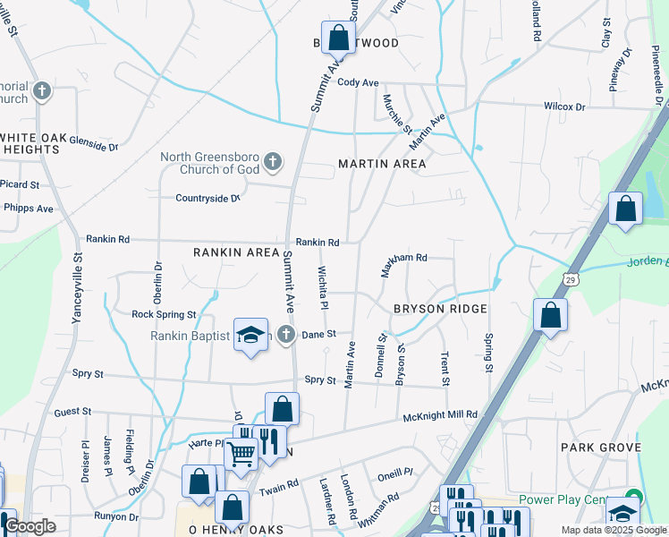 map of restaurants, bars, coffee shops, grocery stores, and more near 3432 Wichita Place in Greensboro
