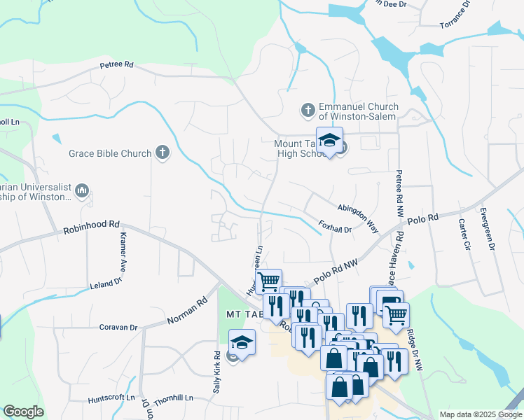 map of restaurants, bars, coffee shops, grocery stores, and more near 3860 Huntingreen Lane Northwest in Winston-Salem