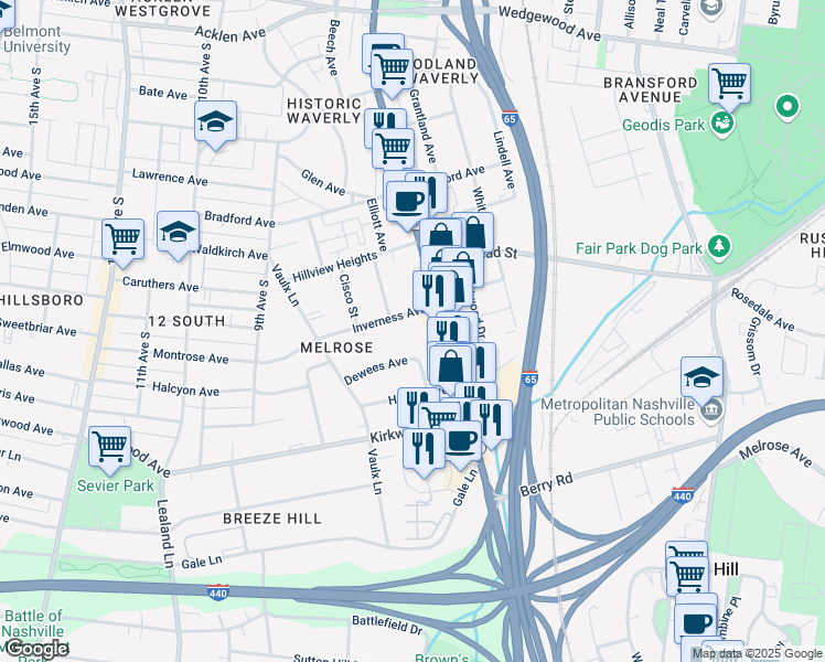 map of restaurants, bars, coffee shops, grocery stores, and more near 801 Inverness Avenue in Nashville