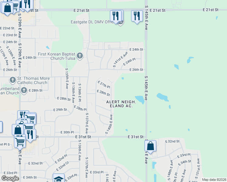map of restaurants, bars, coffee shops, grocery stores, and more near 2715 South 140th East Avenue in Tulsa