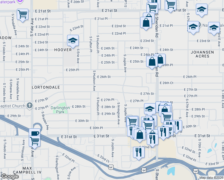map of restaurants, bars, coffee shops, grocery stores, and more near 5746 East 26th Place in Tulsa