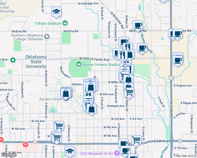 map of restaurants, bars, coffee shops, grocery stores, and more near 401 West Mathews Avenue in Stillwater