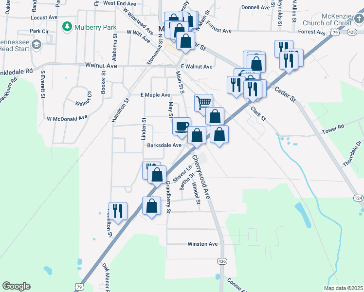 map of restaurants, bars, coffee shops, grocery stores, and more near 343 Main Street South in McKenzie