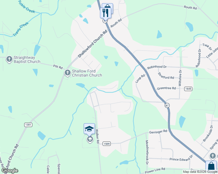 map of restaurants, bars, coffee shops, grocery stores, and more near 122 Gazebo Drive in Elon