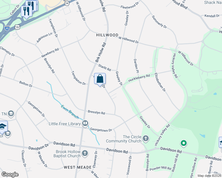 map of restaurants, bars, coffee shops, grocery stores, and more near 736 Richfield Drive in Nashville
