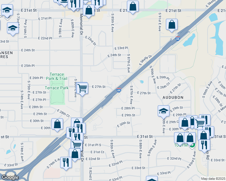 map of restaurants, bars, coffee shops, grocery stores, and more near 8054 East Skelly Drive in Tulsa