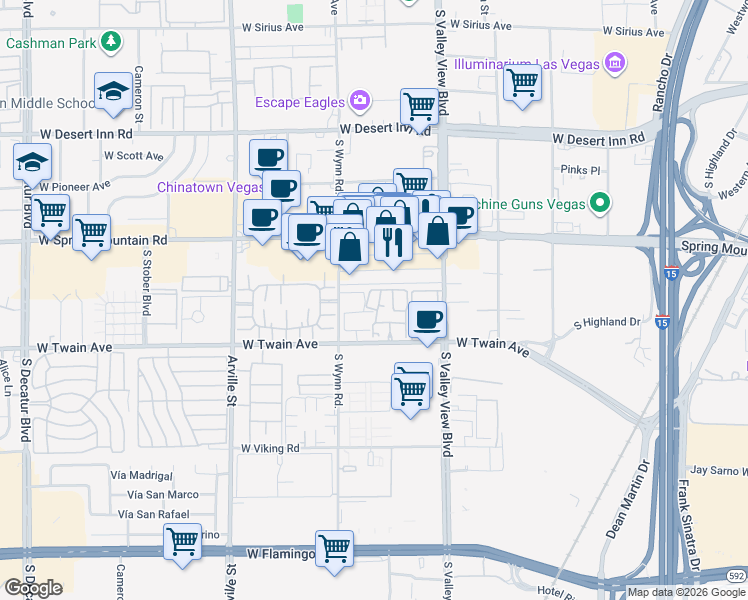 map of restaurants, bars, coffee shops, grocery stores, and more near 3605 Melonies Drive in Las Vegas