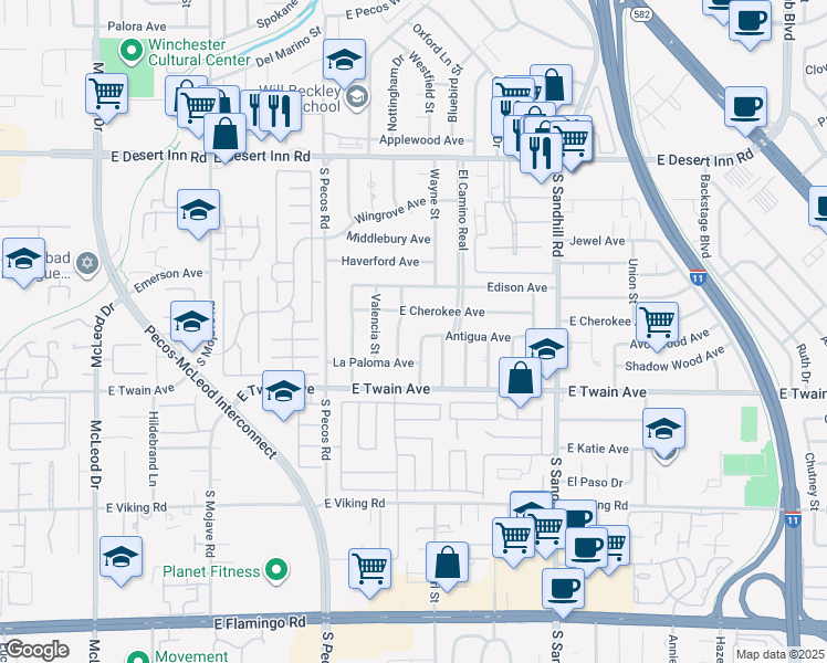 map of restaurants, bars, coffee shops, grocery stores, and more near 3633 Monte Verde Street in Las Vegas