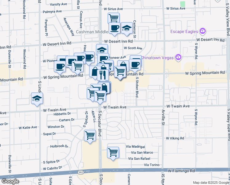 map of restaurants, bars, coffee shops, grocery stores, and more near 3615 Kolendo Court in Las Vegas