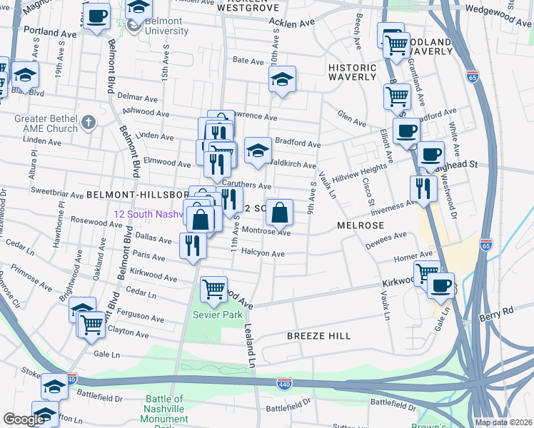 map of restaurants, bars, coffee shops, grocery stores, and more near 922 Gilmore Avenue in Nashville
