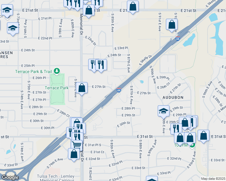map of restaurants, bars, coffee shops, grocery stores, and more near 10620 East 27th Street South in Tulsa