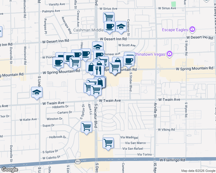 map of restaurants, bars, coffee shops, grocery stores, and more near 3620 Ala Drive in Las Vegas