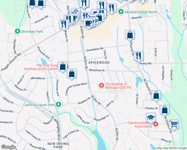 map of restaurants, bars, coffee shops, grocery stores, and more near 3200 North Elm Street in Greensboro