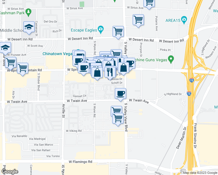 map of restaurants, bars, coffee shops, grocery stores, and more near 3605 Melonies Drive in Las Vegas