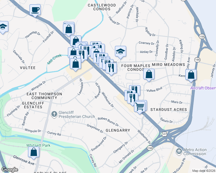 map of restaurants, bars, coffee shops, grocery stores, and more near 1141 Vultee Boulevard in Nashville