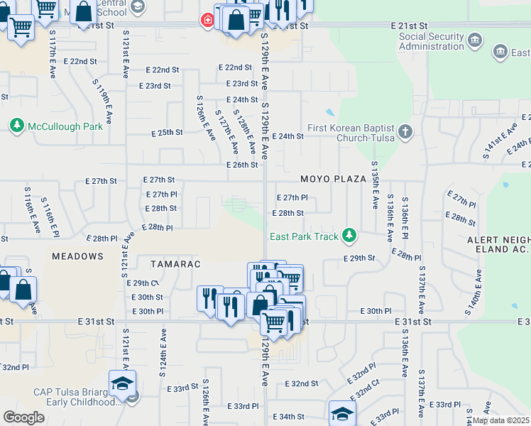 map of restaurants, bars, coffee shops, grocery stores, and more near 12903 East 28th Street in Tulsa