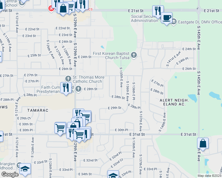 map of restaurants, bars, coffee shops, grocery stores, and more near 2741 South 133rd East Avenue in Tulsa