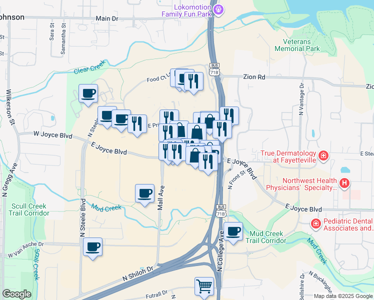 map of restaurants, bars, coffee shops, grocery stores, and more near 670 E Joyce Blvd in Fayetteville