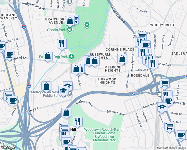 map of restaurants, bars, coffee shops, grocery stores, and more near 538 Rosedale Avenue in Nashville