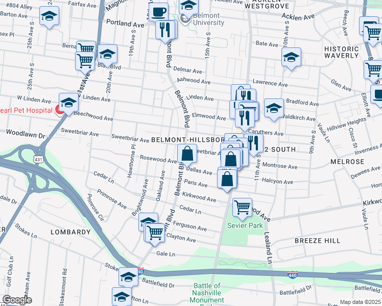 map of restaurants, bars, coffee shops, grocery stores, and more near 1514 Sweetbriar Avenue in Nashville